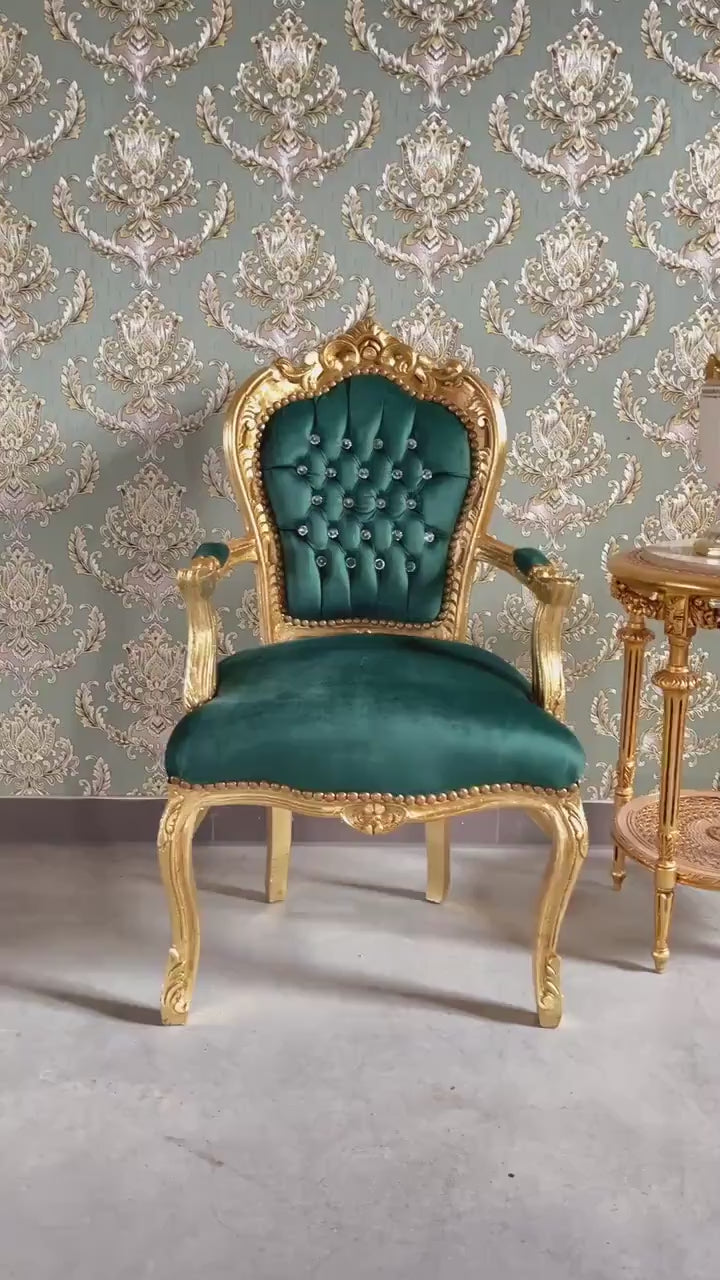 Louis XV Style Armchair: Green Velvet French Rococo Chair