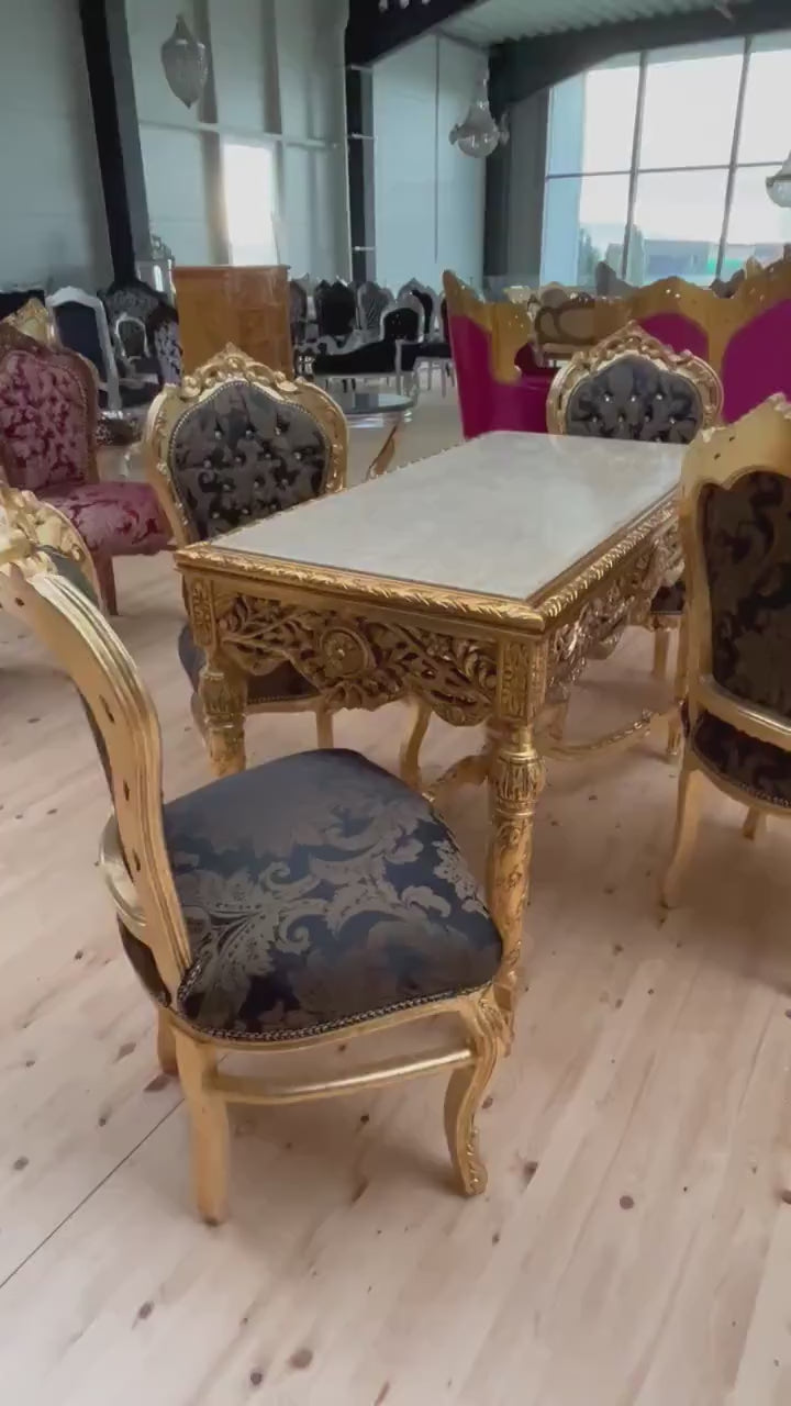 French Baroque Dining Table: Gold Leaf & Beige Marble Slab