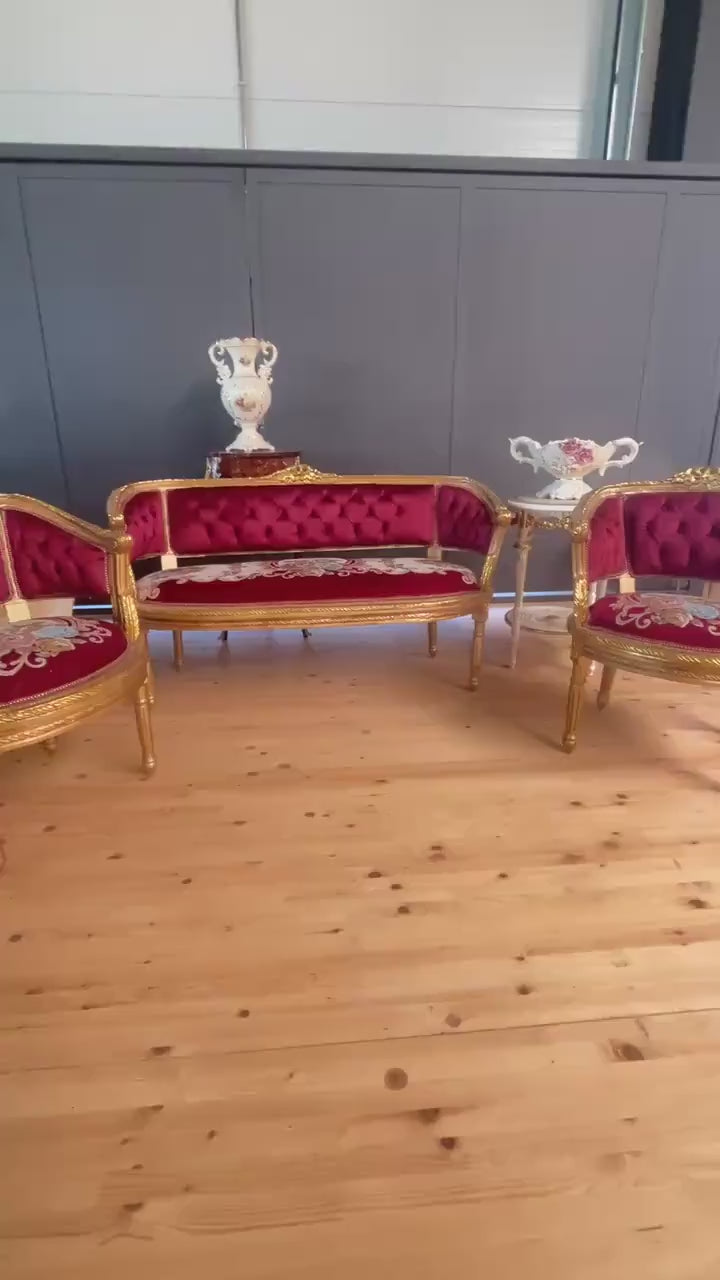 French Baroque Style Sofa Set: Bordeaux Velvet, Gold Leaf, Marble Table