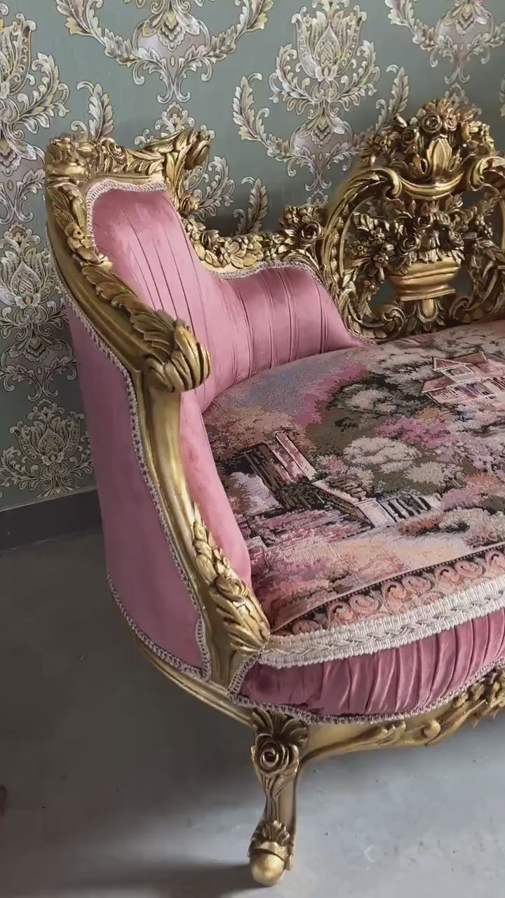 Lounge Couch Royal Baroque Style Bench in Rose Pink Velvet French Antique Style Love Seat Gold Finish for Xmas Decor Homewarming Party Event