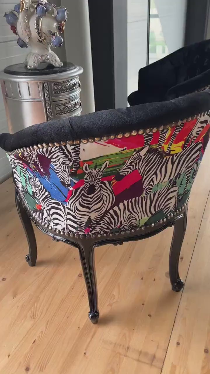 Tufted Velvet Cocktail Chair: French Rococo Style, Jungle Zebra Print