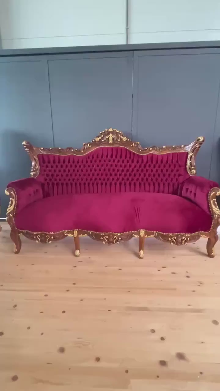 Red Velvet Baroque Sofa: French Style 3-Seater Couch