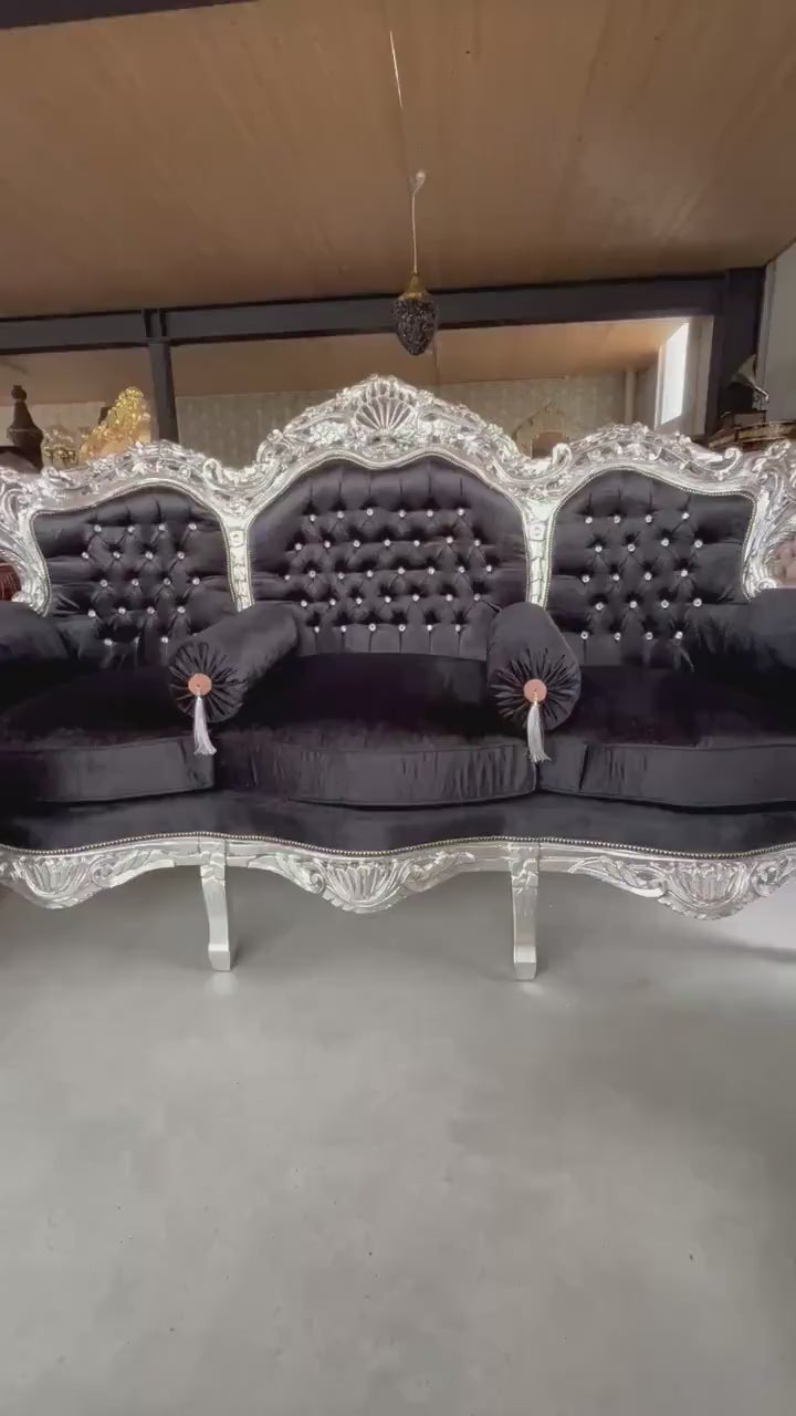 Baroque Sofa Set: French Louis Style, Silver & Black Velour