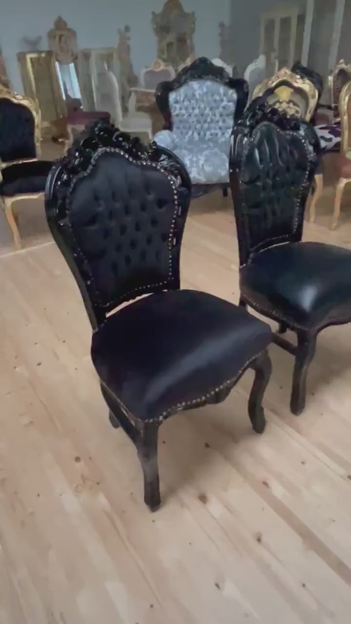 French Louis XV Baroque Chair: Handmade Black Faux Leather Dining Room Accent
