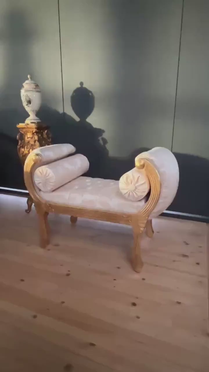 French Louis XVI Style Bench: Baroque Rococo Ottoman, Gold Finish