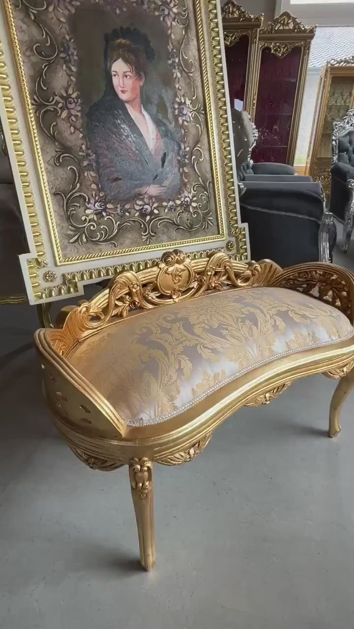 French Louis Style Bench: Ivory & Gold Rococo Ottoman