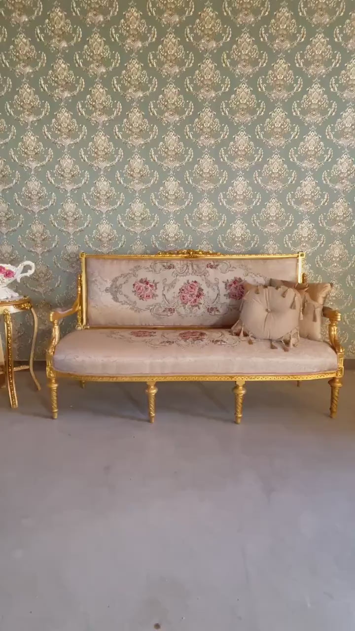 3-Seater Sofa French Antique Style Couch in Floral Jacquard Damask Gold Finish Retro Baroque Style Lounge Sofa Furniture Gift for Home Decor