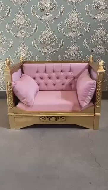 Handmade French Baroque Pet Sofa: Pink Velvet Dog Couch with Gold Finish