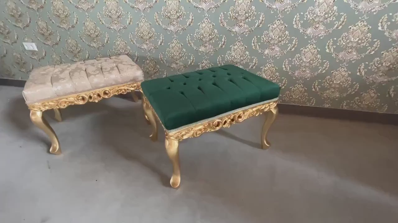 Baroque Style Ottoman Bench: Gold Finish Jacquard Damask