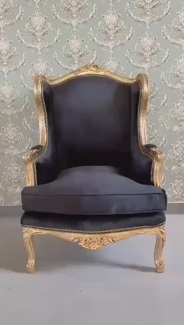 Black Velvet Accent Armchair: Retro Rococo Style, Gold Finish