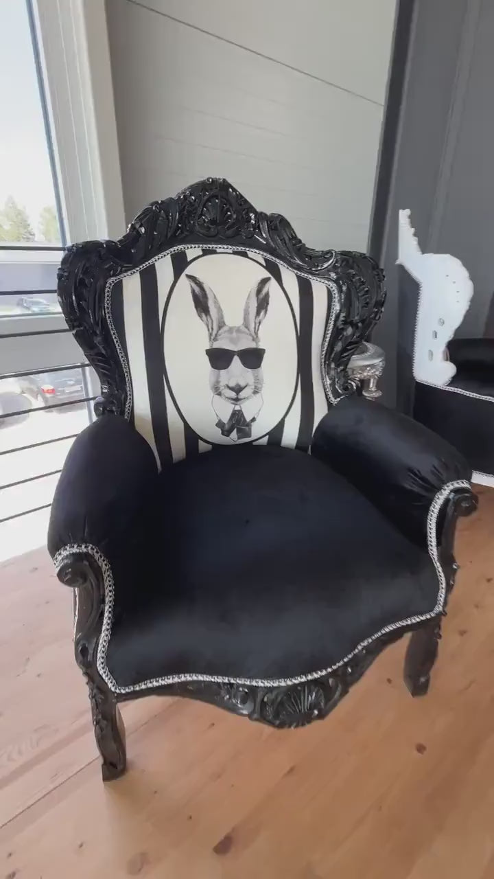 Armchair Baroque Recoco Style in Black Velvet Funny Rabbit Print for Birthday Party Décor for Shop Event Party Display Niche Chair