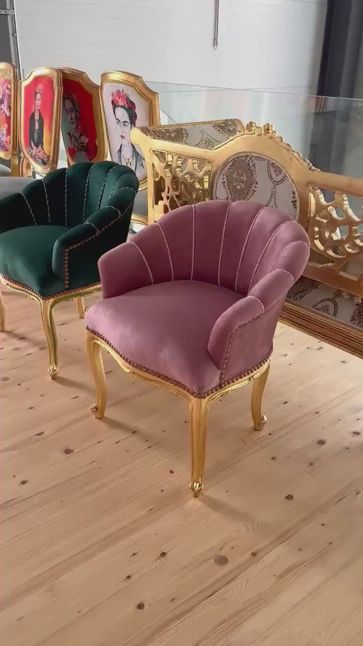Tufted Velvet Cocktail Chair: French Baroque Style, Gold Leaf Detail