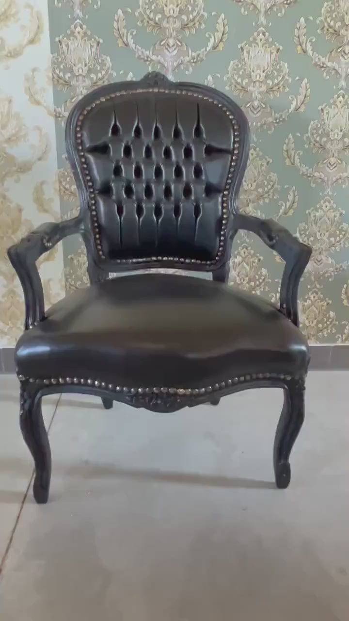 Armchair French Louis Style Black Leather-Like Chair Retro Baroque Rococo Style Armchair in Black or Dark Wood Frame