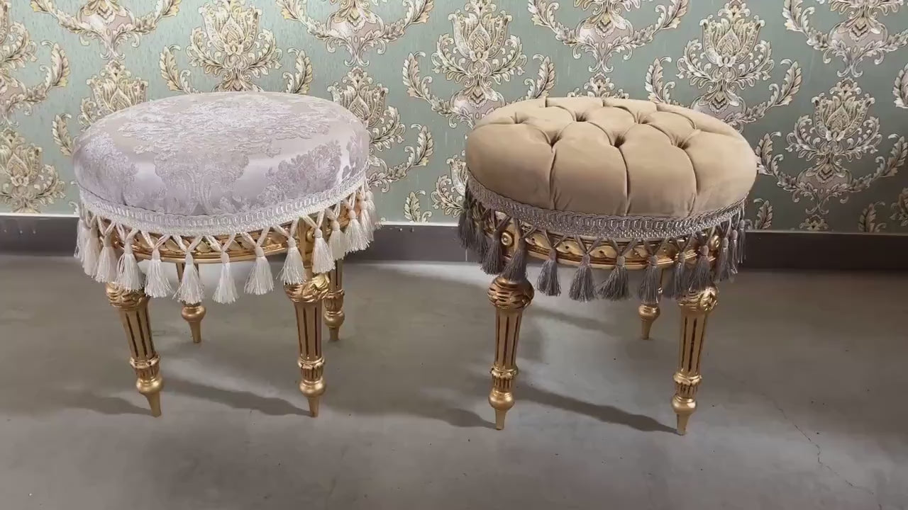 French Baroque Velvet Pouf: Ivory Floral Ottoman with Gold Finish