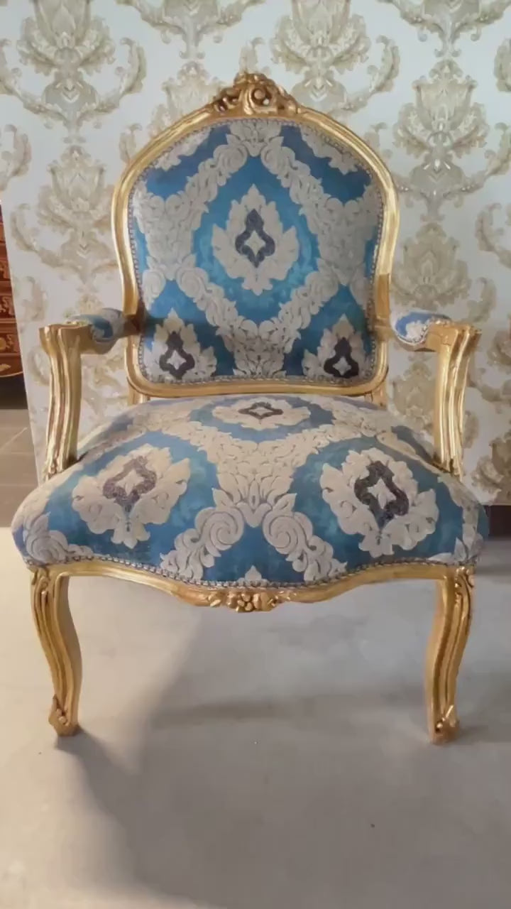 Blue Damask Armchair: French Louis Baroque Style, Solid Beech Wood