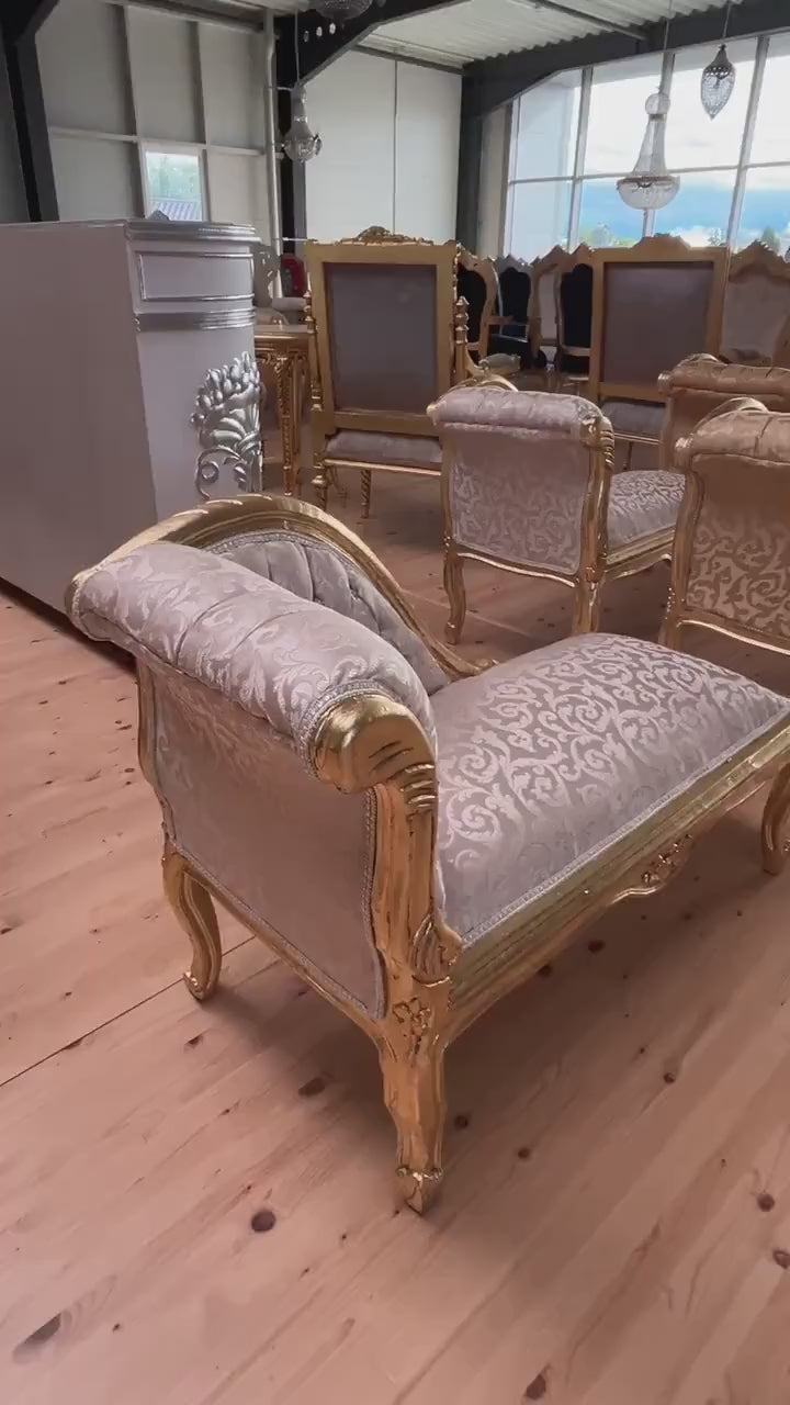 French Louis Style Chaise Lounge: Baroque Ottoman, Gold Finish