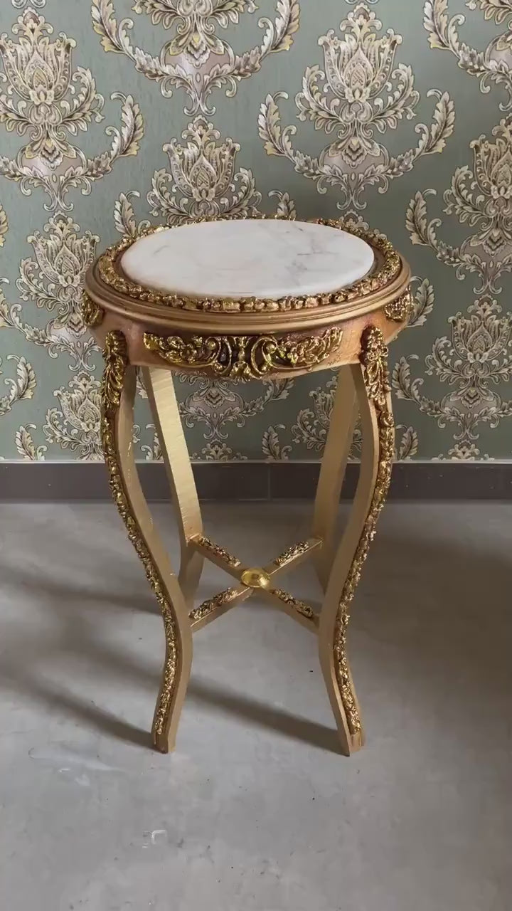 Side Table French Baroque Style with Marble Top Tea Cafe Table Home Decor in Gold Finish and Beige Marble