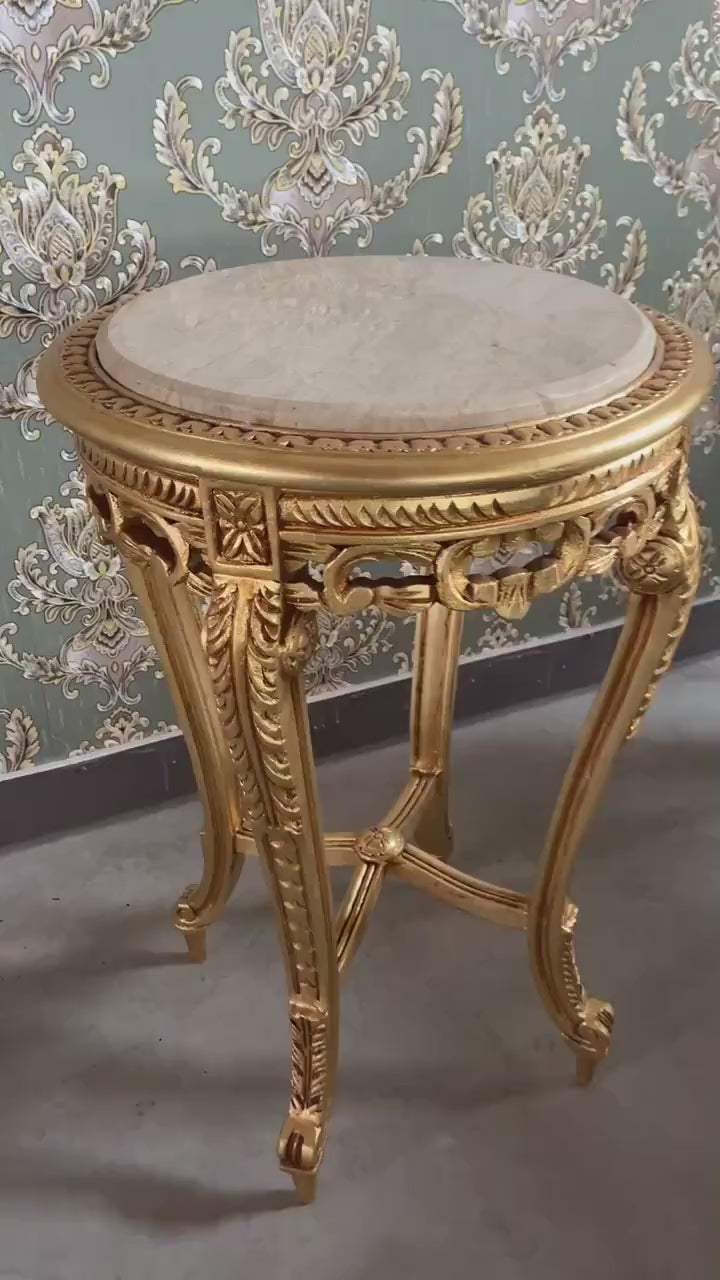 French Louis Antique Style Side Table: Gold Finish, Marble Top