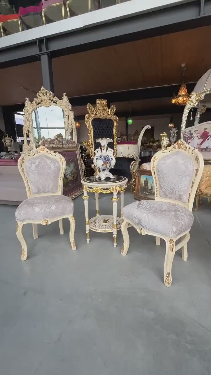 Chair & Table Set French Baroque Style in Beige Color Flower Pattern Chairs Table with Black Or Beige Marble Top For Entrance or Lounge Room