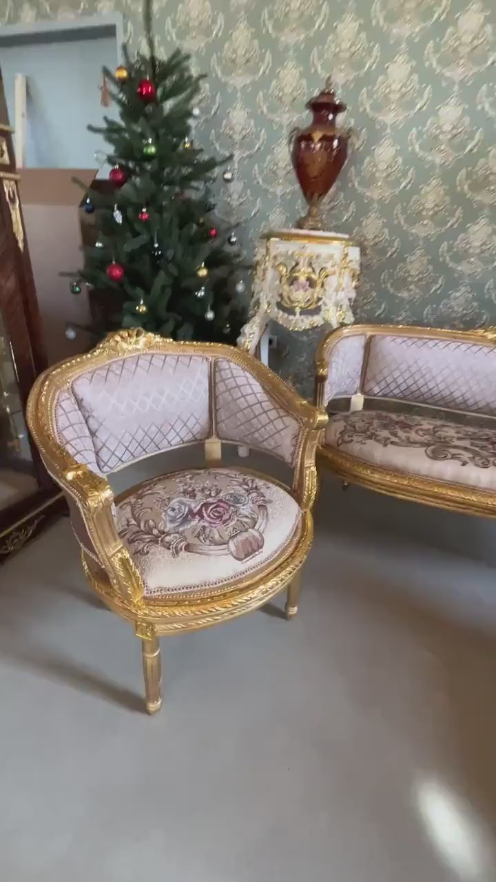 French Baroque Style Sofa Set: Khaki Velvet, Gold Leaf Beechwood