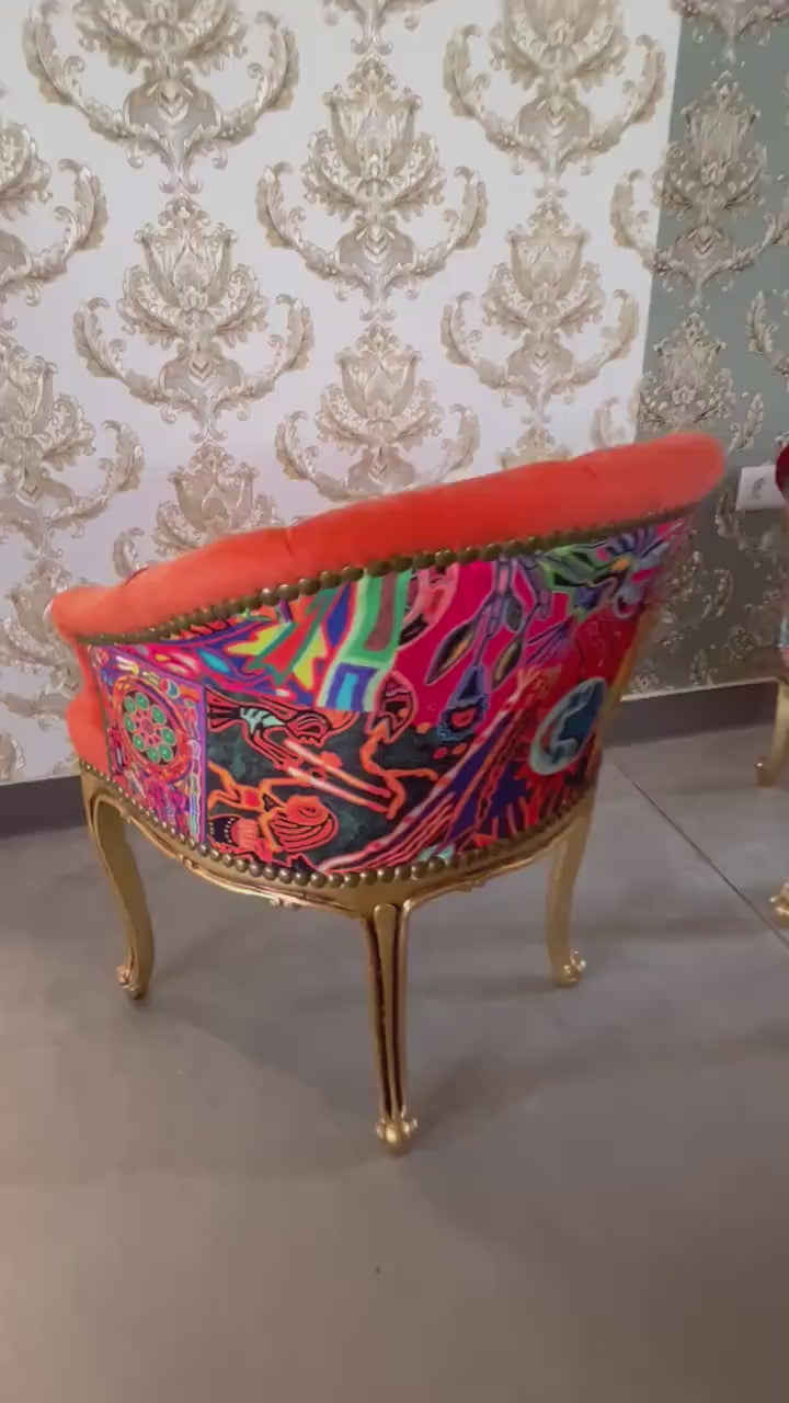 Chair Velvet Red Baroque Rococo Style Tufted Armchair Red Velvet Coloful Print for Café Chair Tufted Velvet Chair Red Orange for Lounge Room