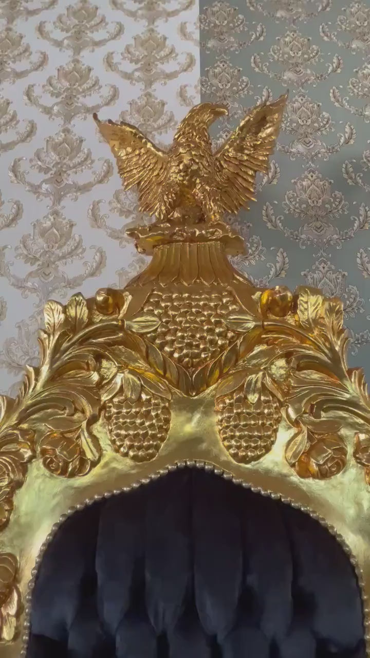 Baroque Rococo King Throne Armchair: Black Velvet, Gold Eagle