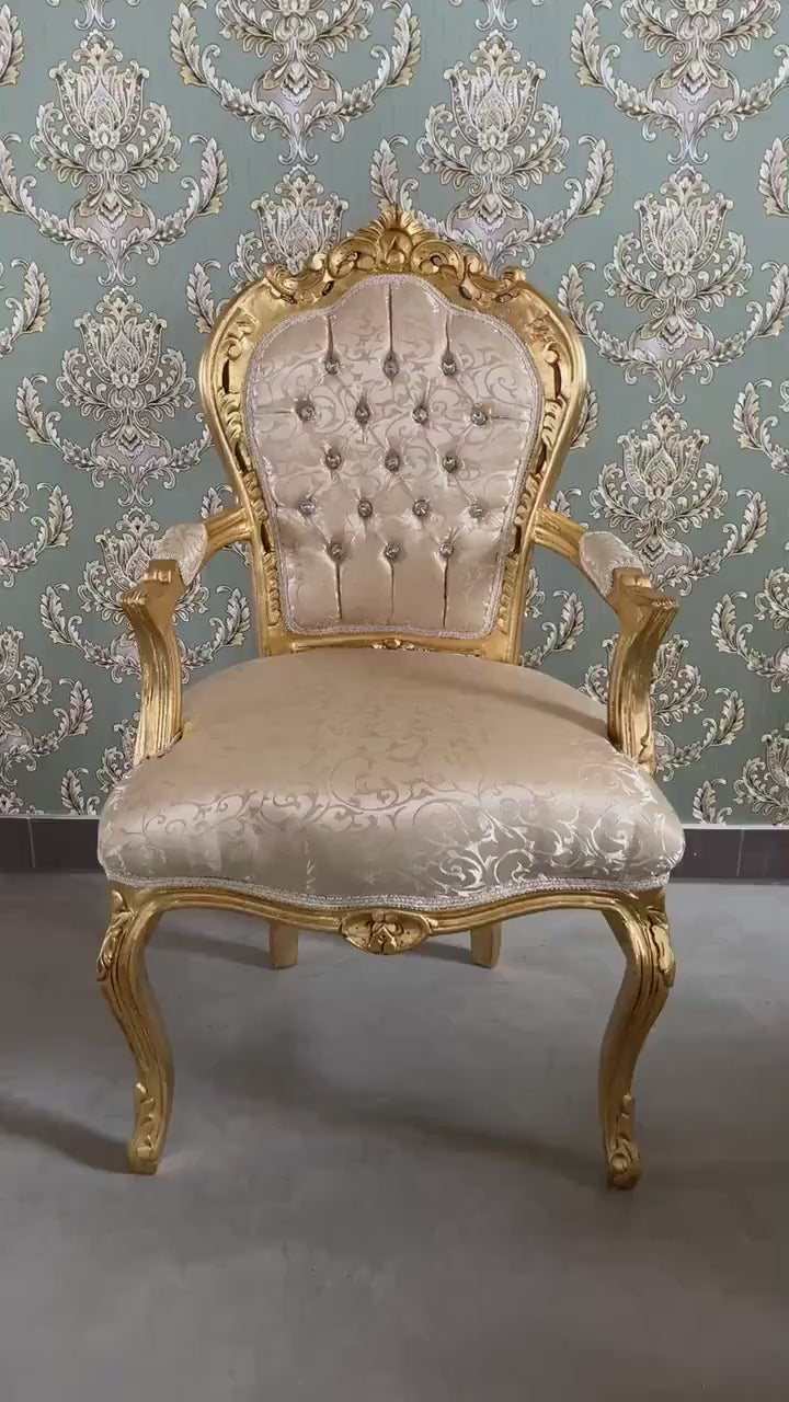 Beige Floral French Baroque Armchair: Gold Finish Louis XV Style