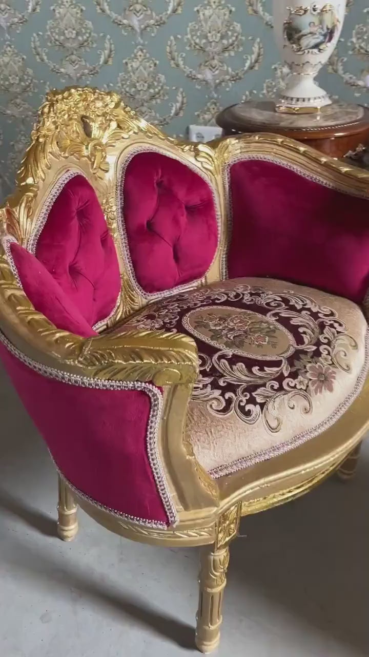 Lounge Sofa Set Antique Baroque Rococo Style in Xmas Red Velvet & Deluxe Red Damask Sofa Set in Retro Royal Style for Home Xmas Decor
