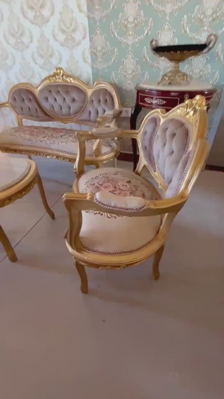 Sofa Set Camel Color Velvet for Home Sofa Set French Louis Style for Lodge Retro Style  Settee Coffee Table Marble Top for Longue Room