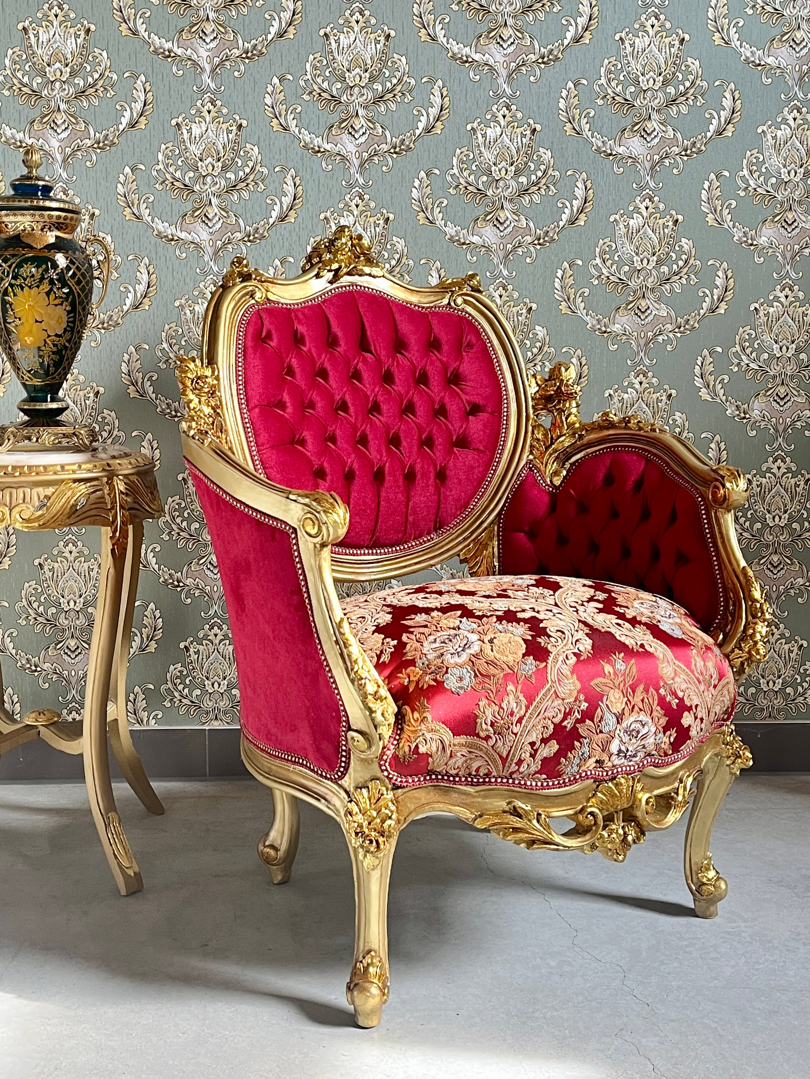 Royal Accent Armchair Bordeaux Red Damask Lounge Chair Luxury Handcrafted Furniture