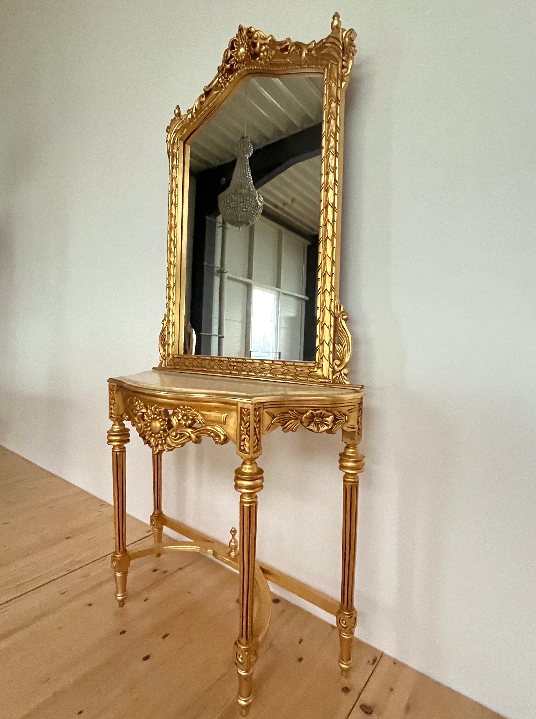 Mirror Table Console Retro Baroque Style with Marble Slab Top Handmade Wooden Table in Gold Finish