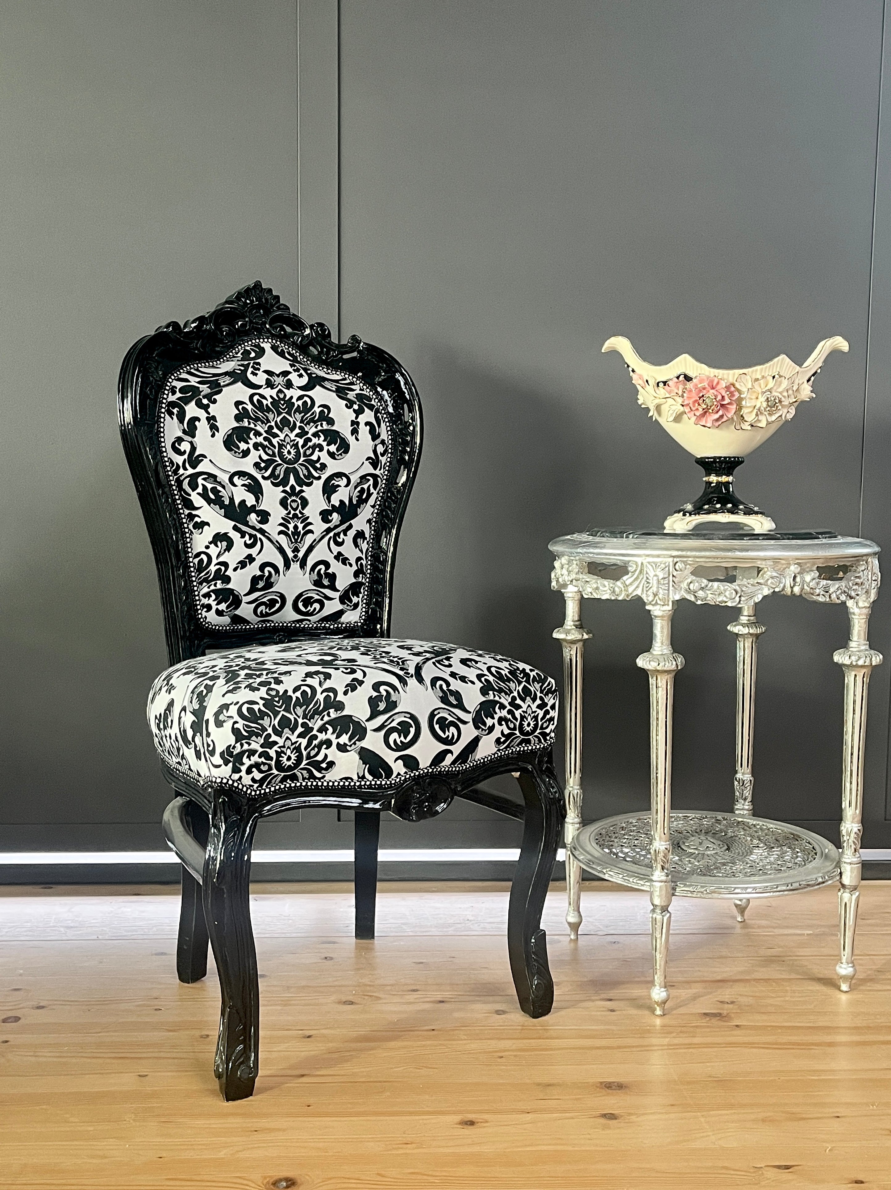 Elegant Baroque Chair French Louis XV Dining Chair Black Floral Pattern Handmade