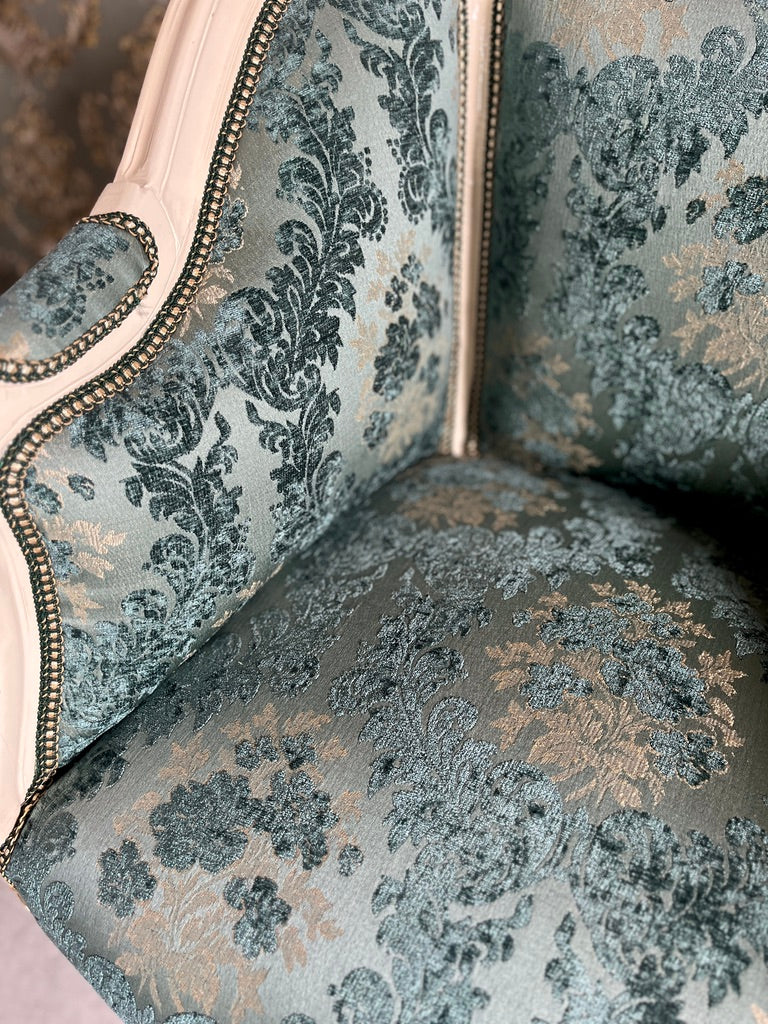 Rococo Accent Armchair French Baroque Fauteuil Turquoise Damask Handmade Luxury Chair