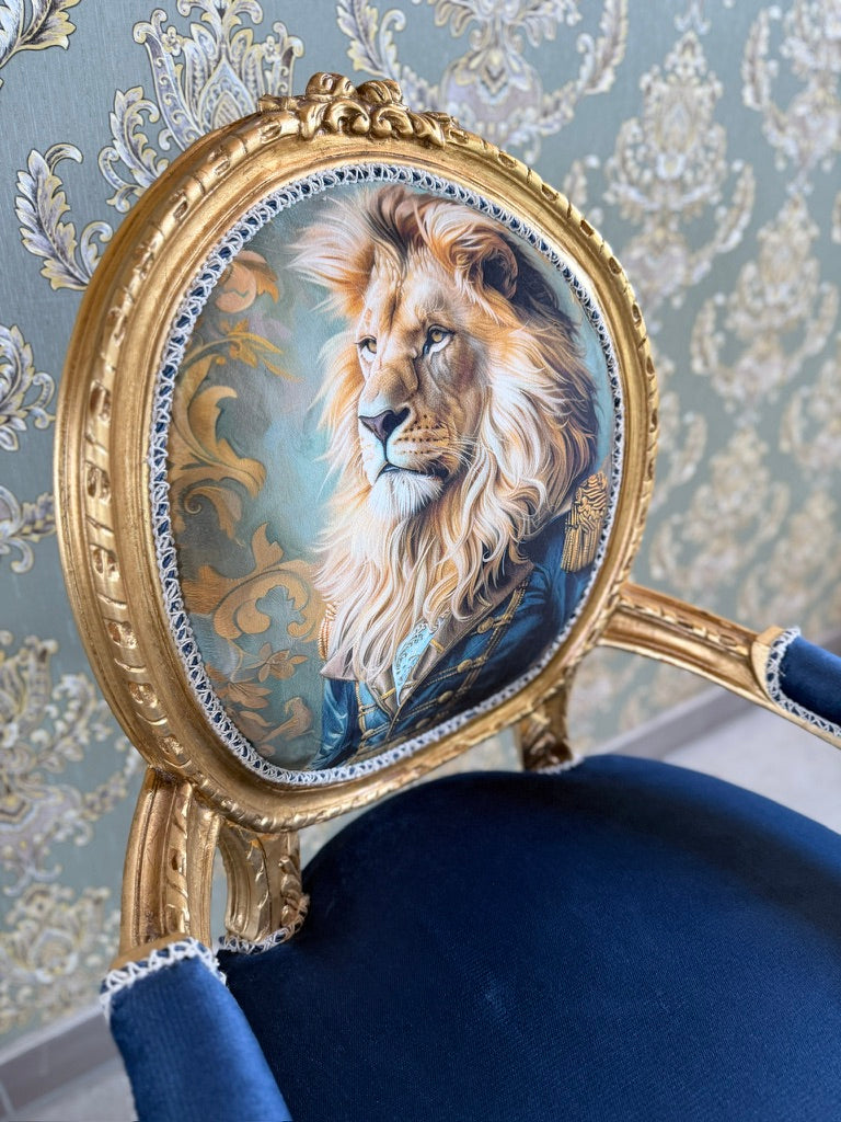 Royal Accent Armchair Baroque Funky Chair Blue Velvet Lion King Print Luxury Furniture
