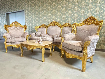 Sofa Set French Louis XV Style Cappuccino Color Damask in Gold Finish Clouch Set Marble Top Coffee Table Retro Baroque Style Sofa Set