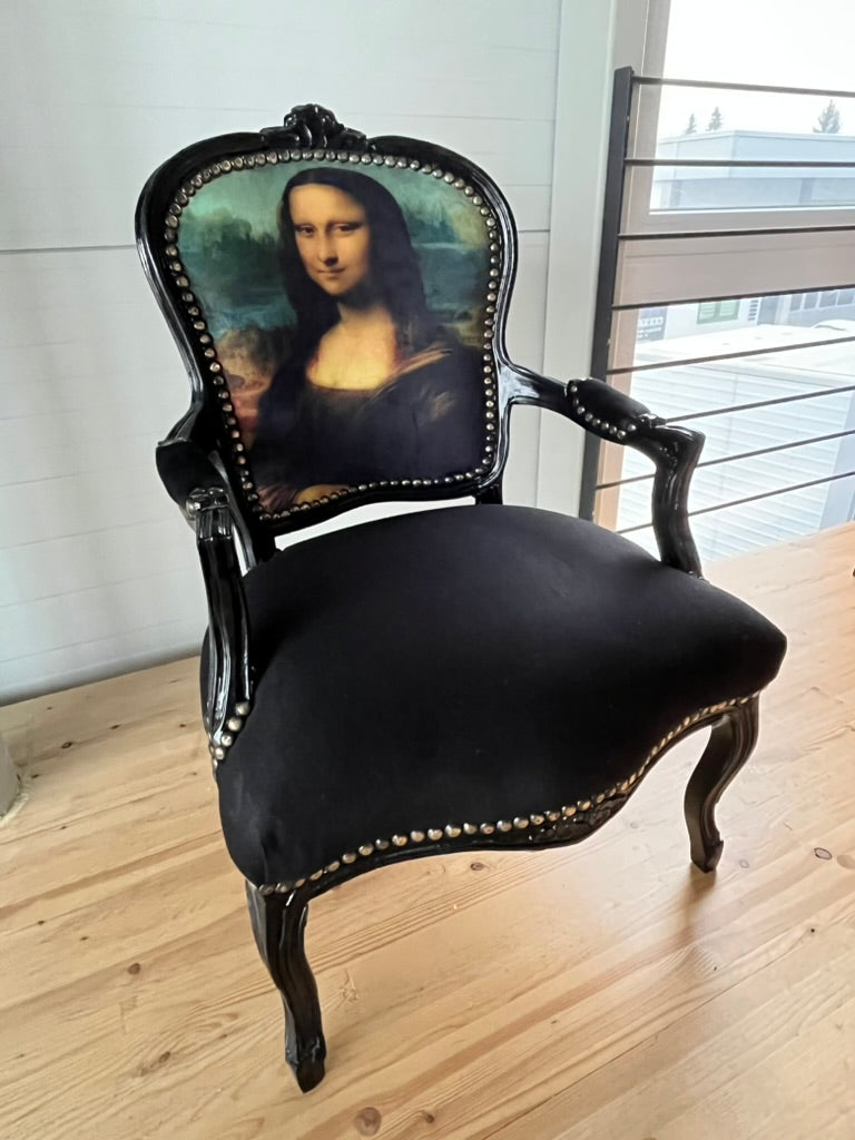 Black Louis XV Baroque armchair with white star portrait upholstery, elegant furniture piece by CasAmin Möbel.