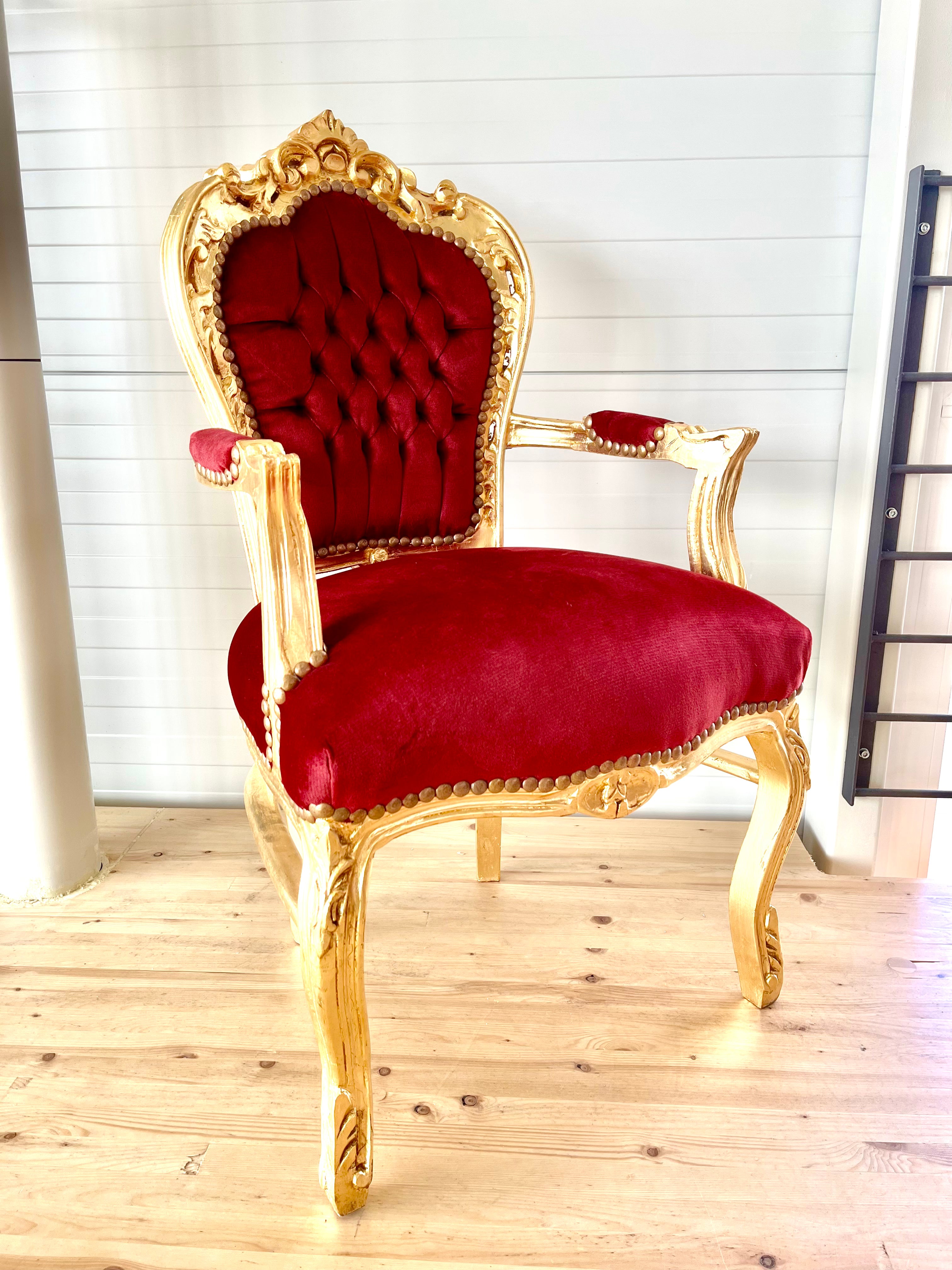 French Baroque Armchair Red Velvet  Gold Gilded Louis XV Chair For Holiday Decor