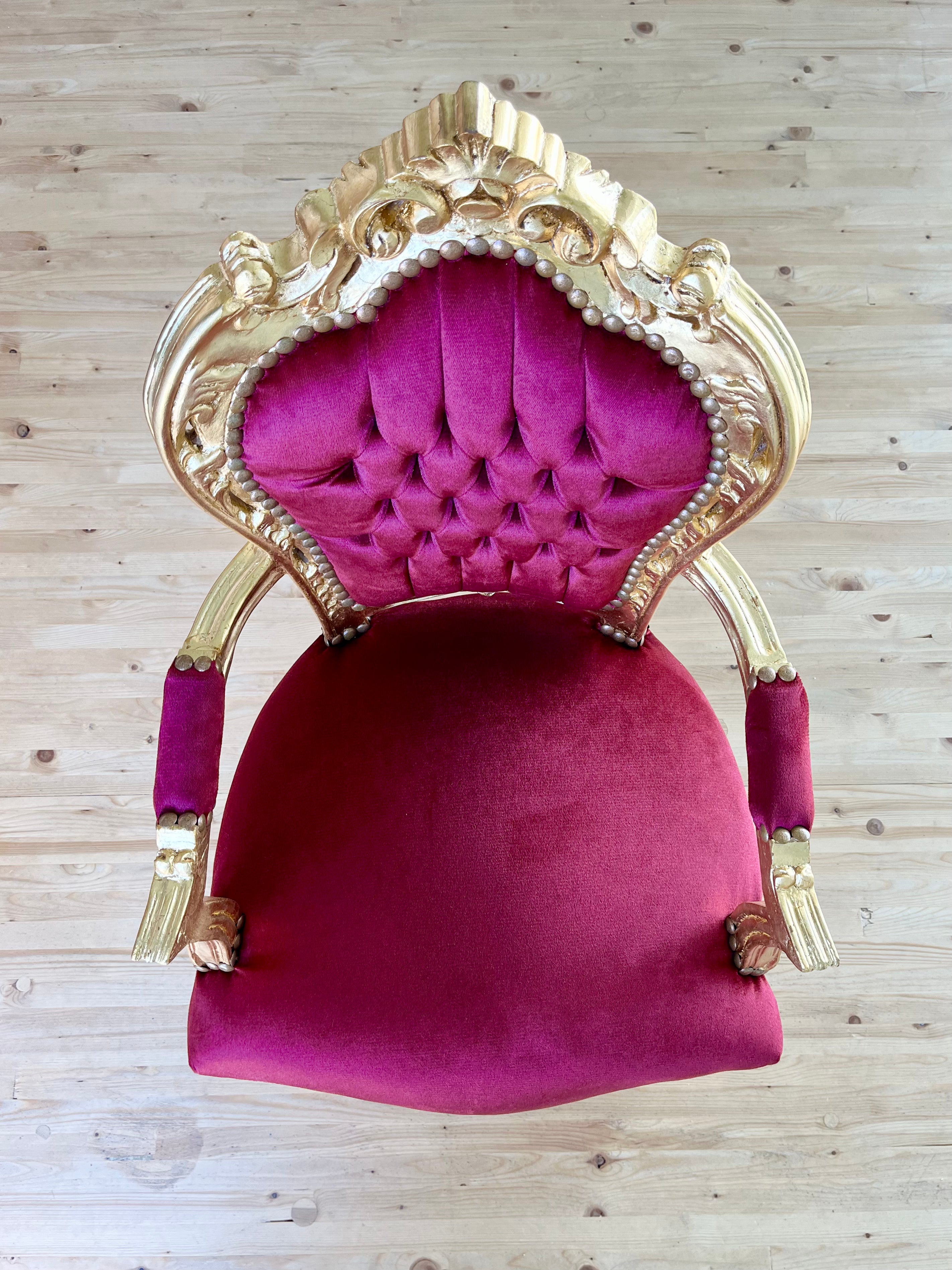 French Baroque Armchair Red Velvet  Gold Gilded Louis XV Chair For Holiday Decor