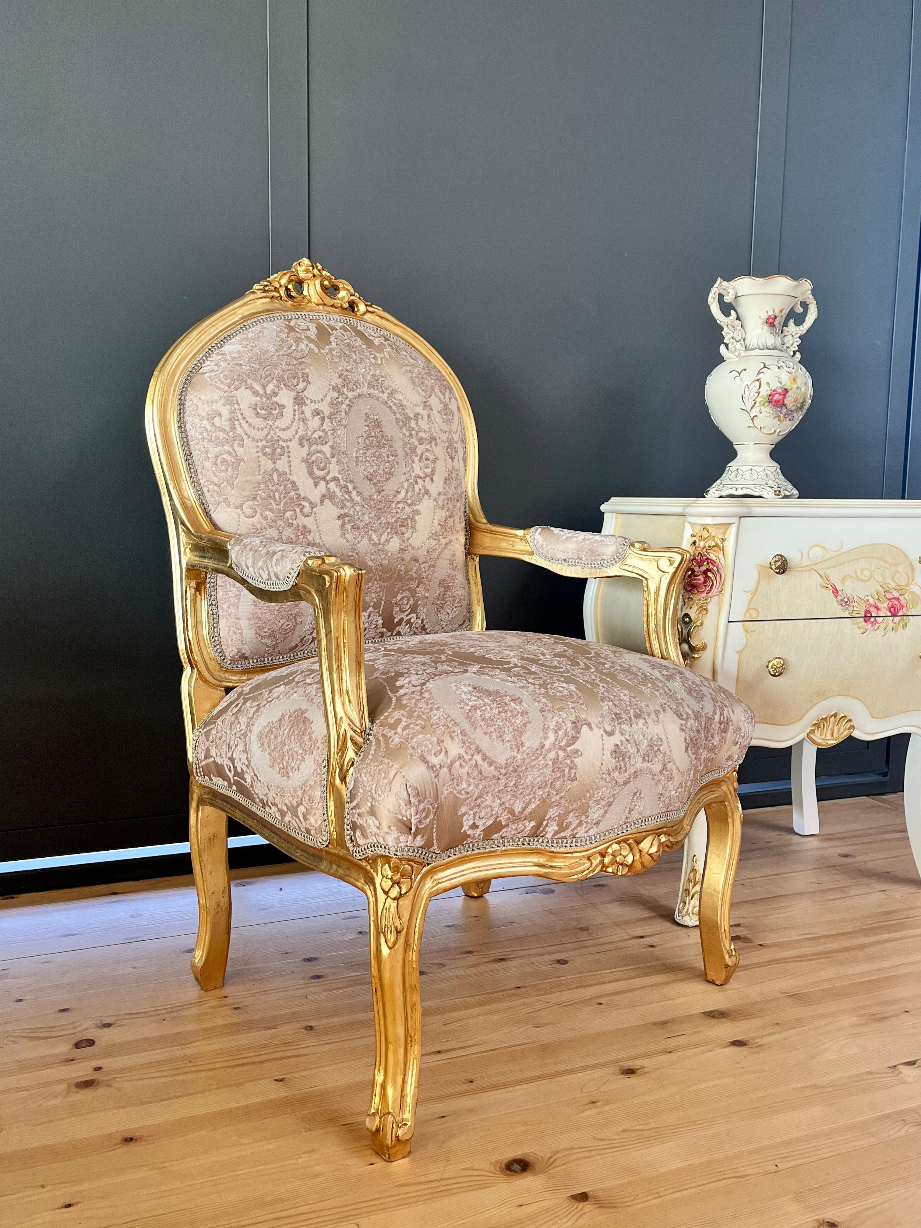Rococo Louis XV Accent Armchair Black & Gold Floral Damask French Baroque Lounge Chair