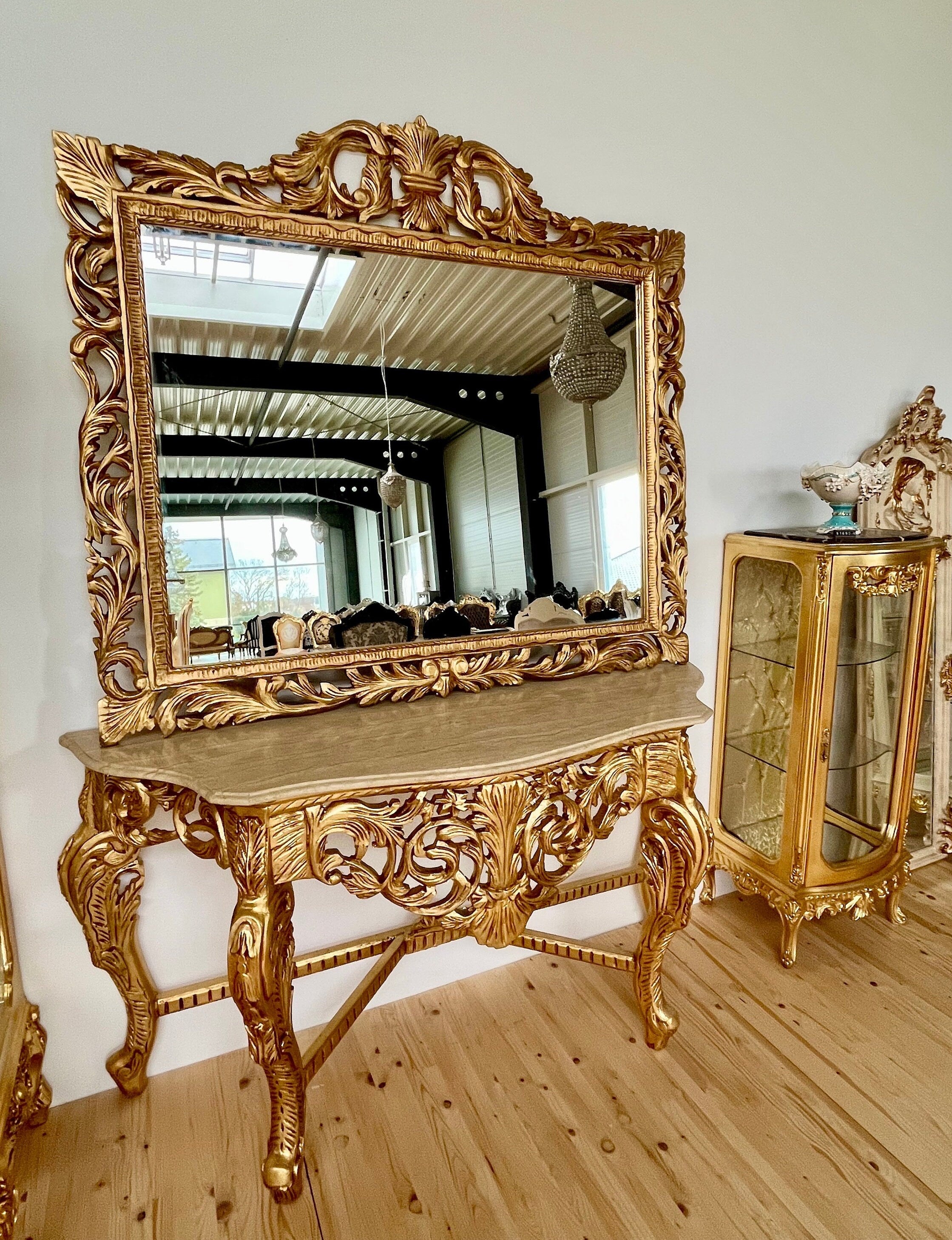 Rococo Accent Console Table & Square Mirror Antique Baroque With Beige Marble Top