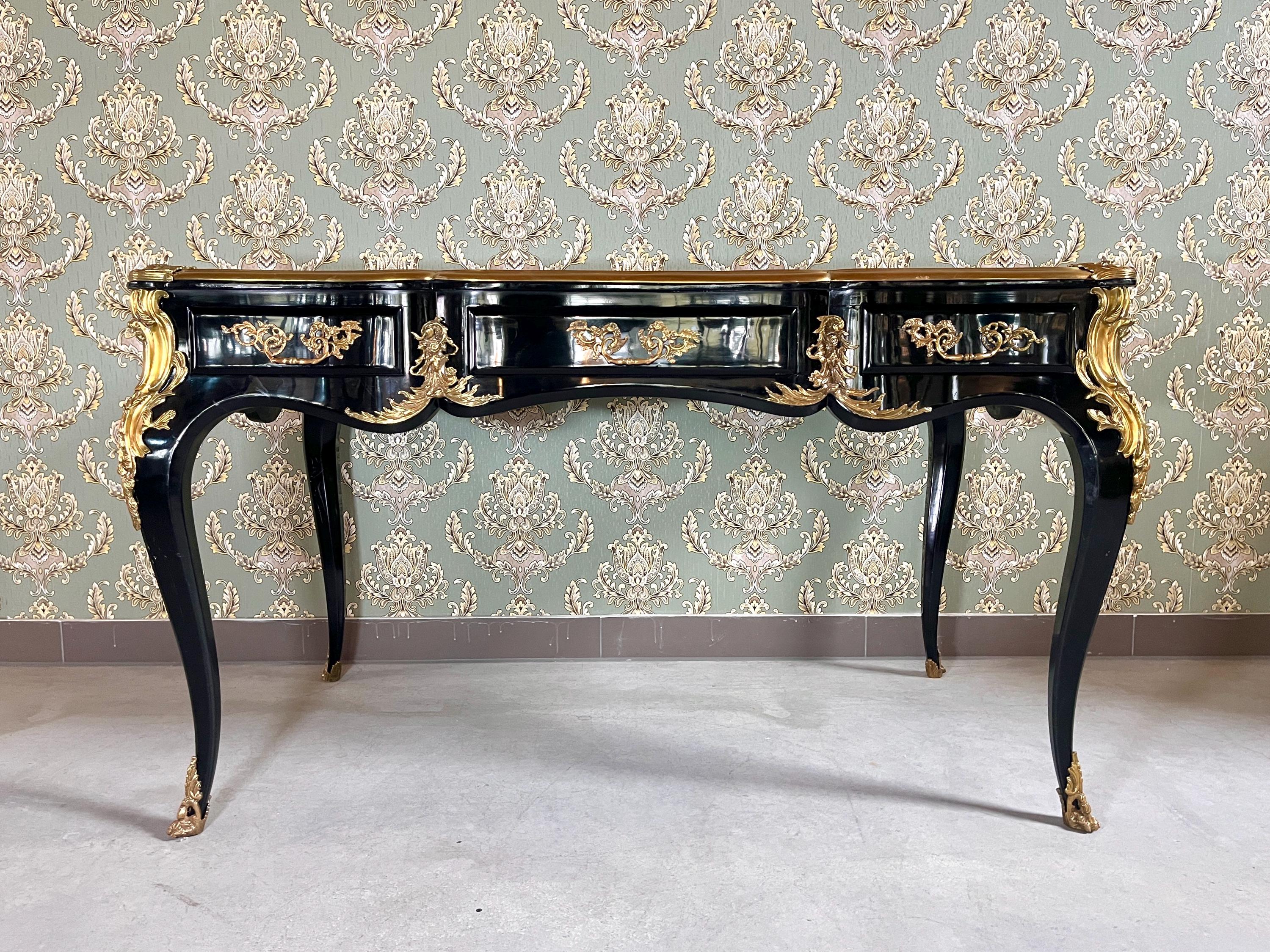 Luxurious Black Wooden Desk Antique Baroque Style Table with Bronze Ornaments at Edge Lacquered in Black - LIMITED EDITION