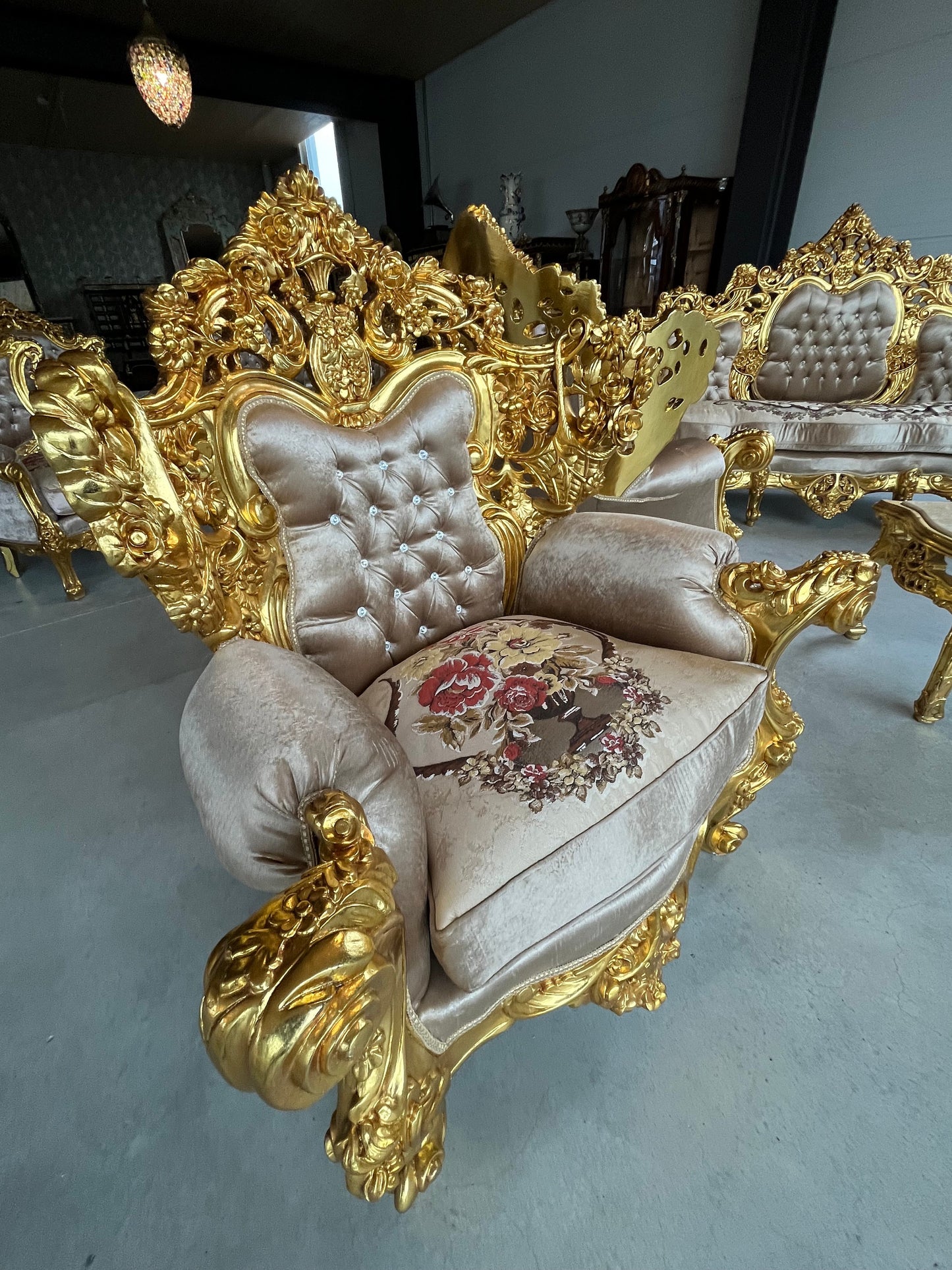 Imperial Sofa Set Royal King Sofa Set French Rococo Sofa Suite Brown Velvet Couch Set Gold Finish for Luxurious Home for Hotel Lobby Decor