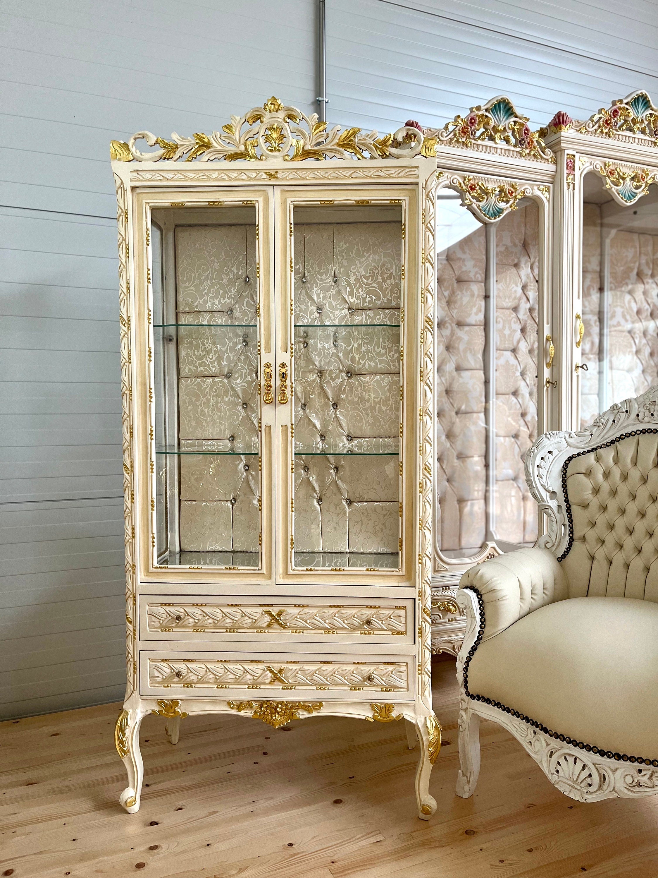 Display Cabinet Wooden French Louis Style Showcase Antique Baroque Style Reproduction Beige Color