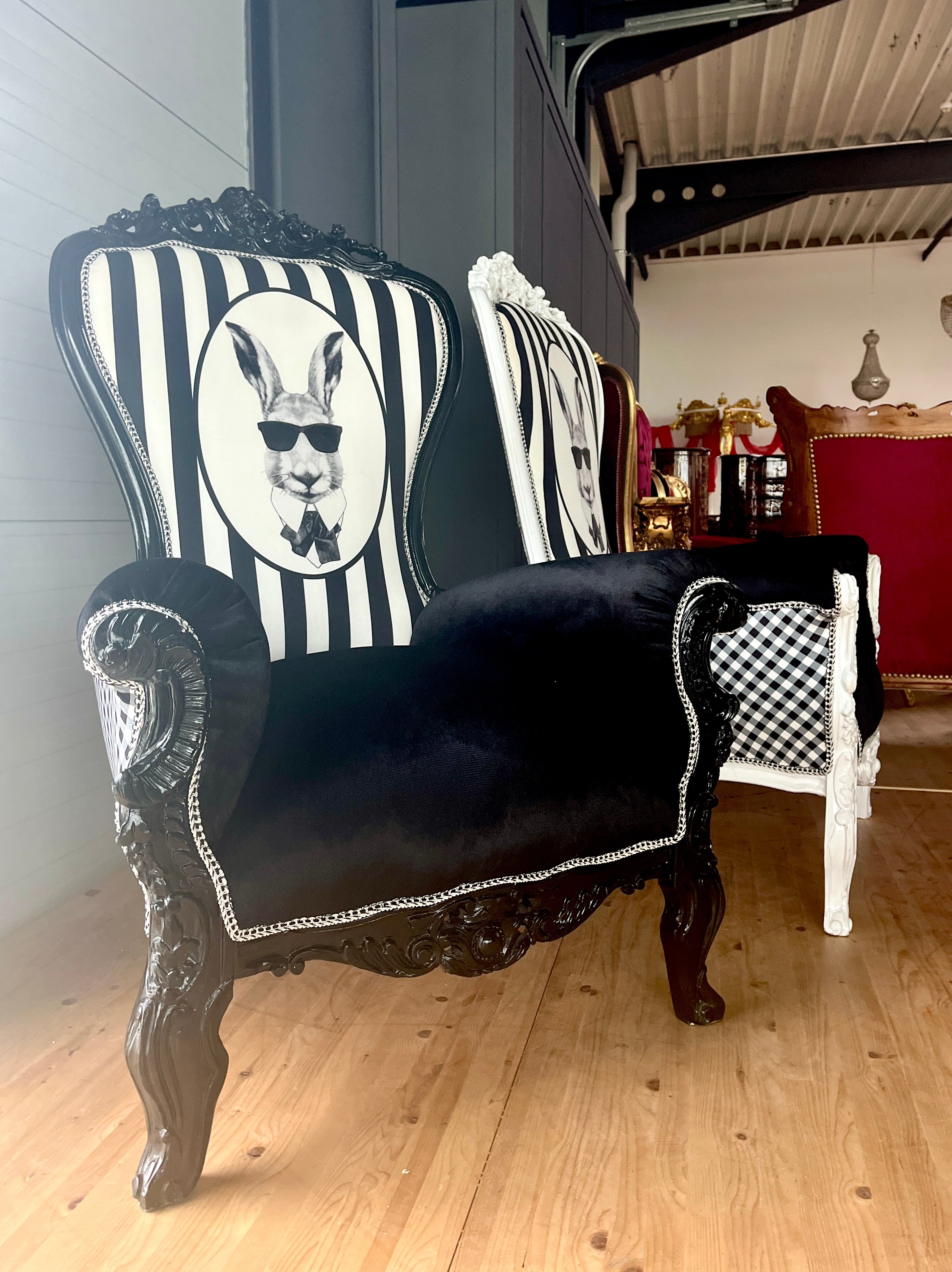 Baroque Accent Armchair Funky Black & White Chair Pop Up Rabbit Print Party Decor