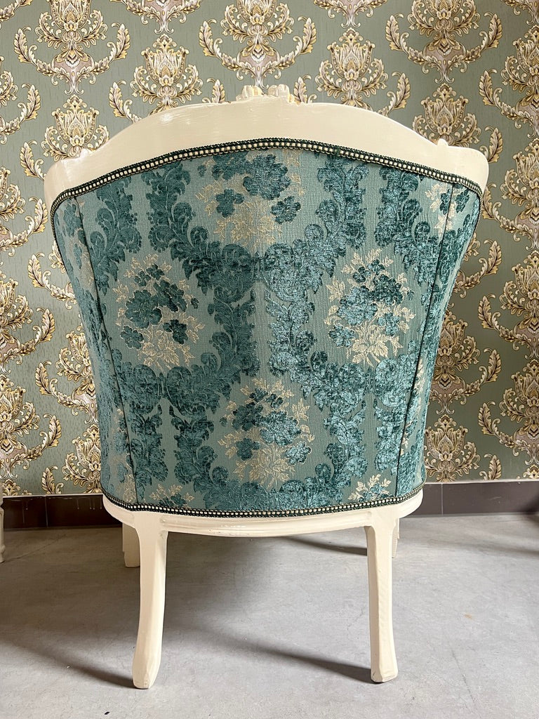 Rococo Accent Armchair French Baroque Fauteuil Turquoise Damask Handmade Luxury Chair