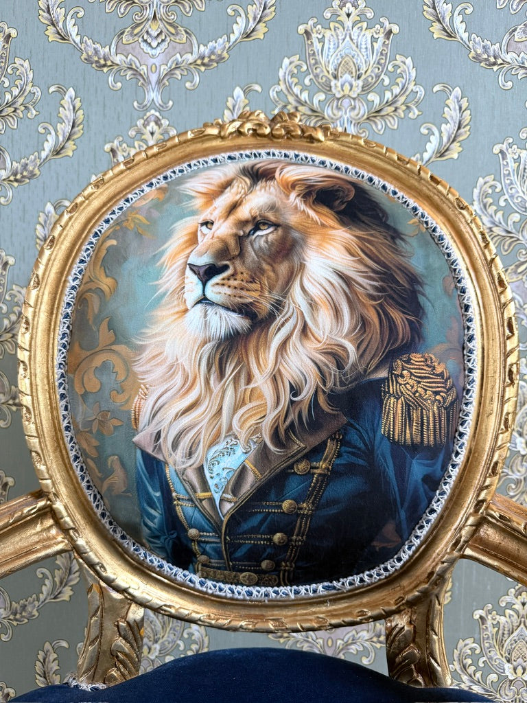 Royal Accent Armchair Baroque Funky Chair Blue Velvet Lion King Print Luxury Furniture