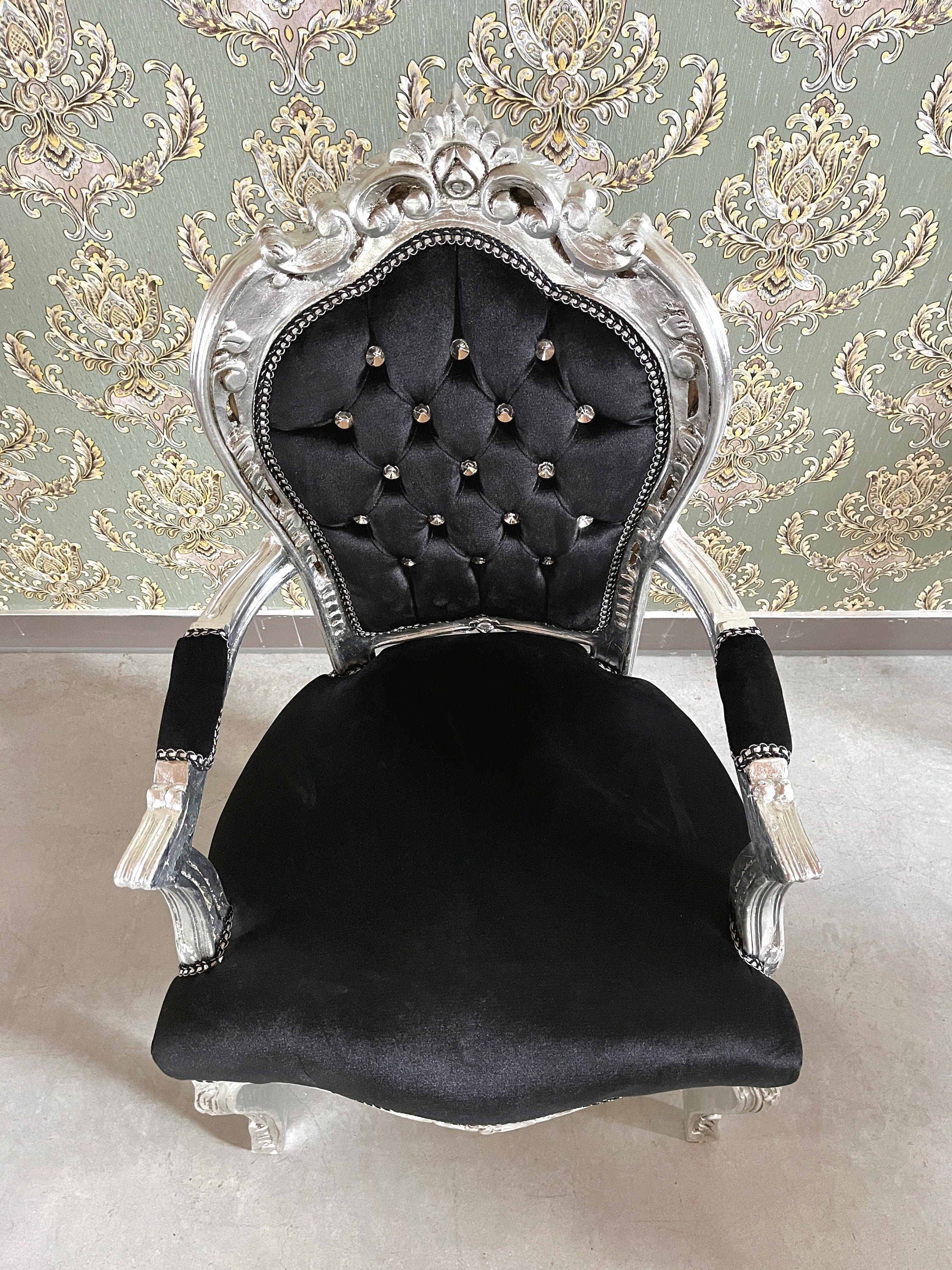 Armchair French Louis Style Black Velvet Chair Antique Style Baroque Rococo Style Armchair in Silver Finish Velvet Black for Home