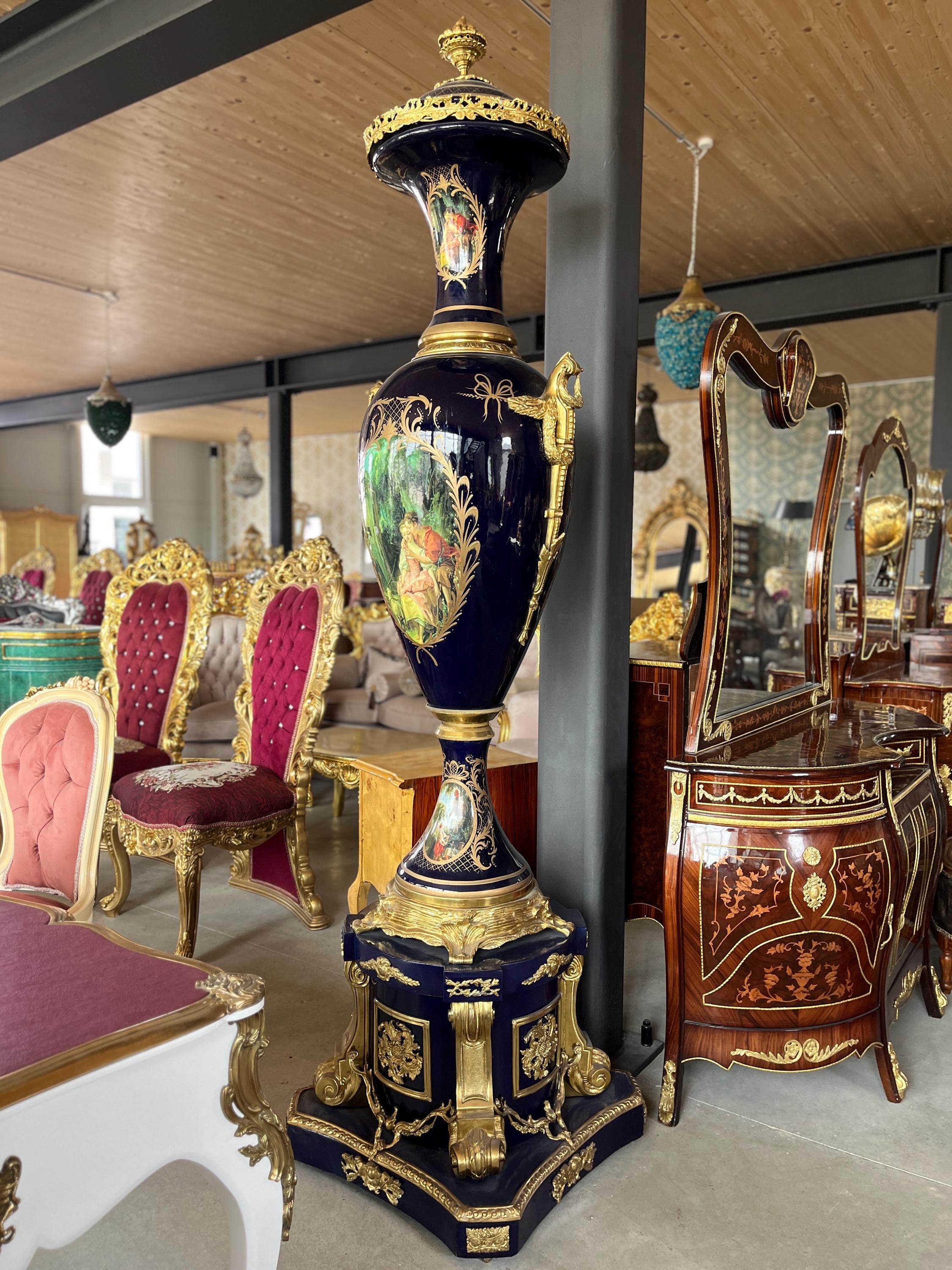 Huge Porcelain Vase Ormolu Mounted Sèvres Style Reproduction Giant Blue Porcelain Vase Stand for Commercial Display for Hotel Decoration