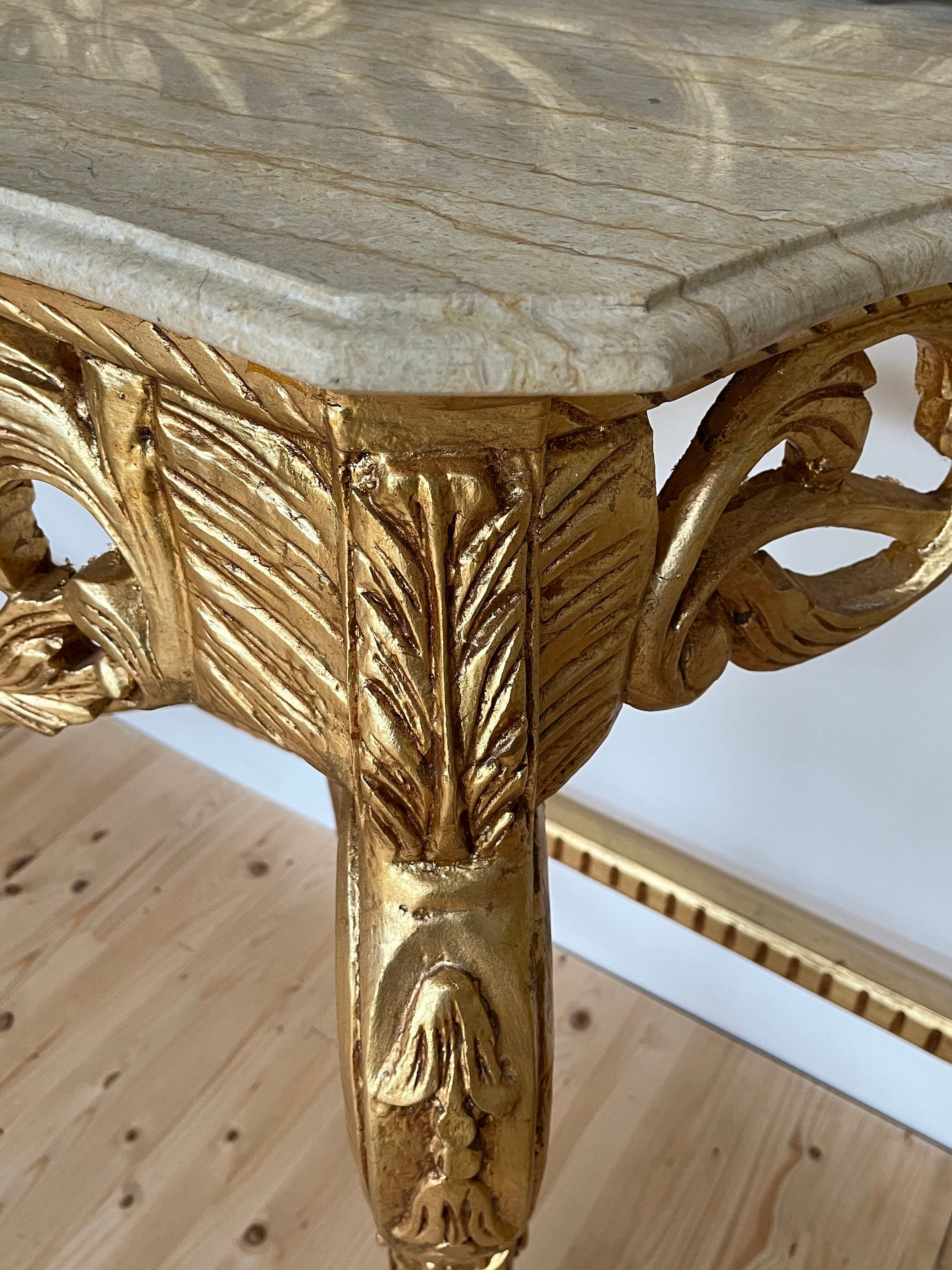 Rococo Accent Console Table & Square Mirror Antique Baroque With Beige Marble Top