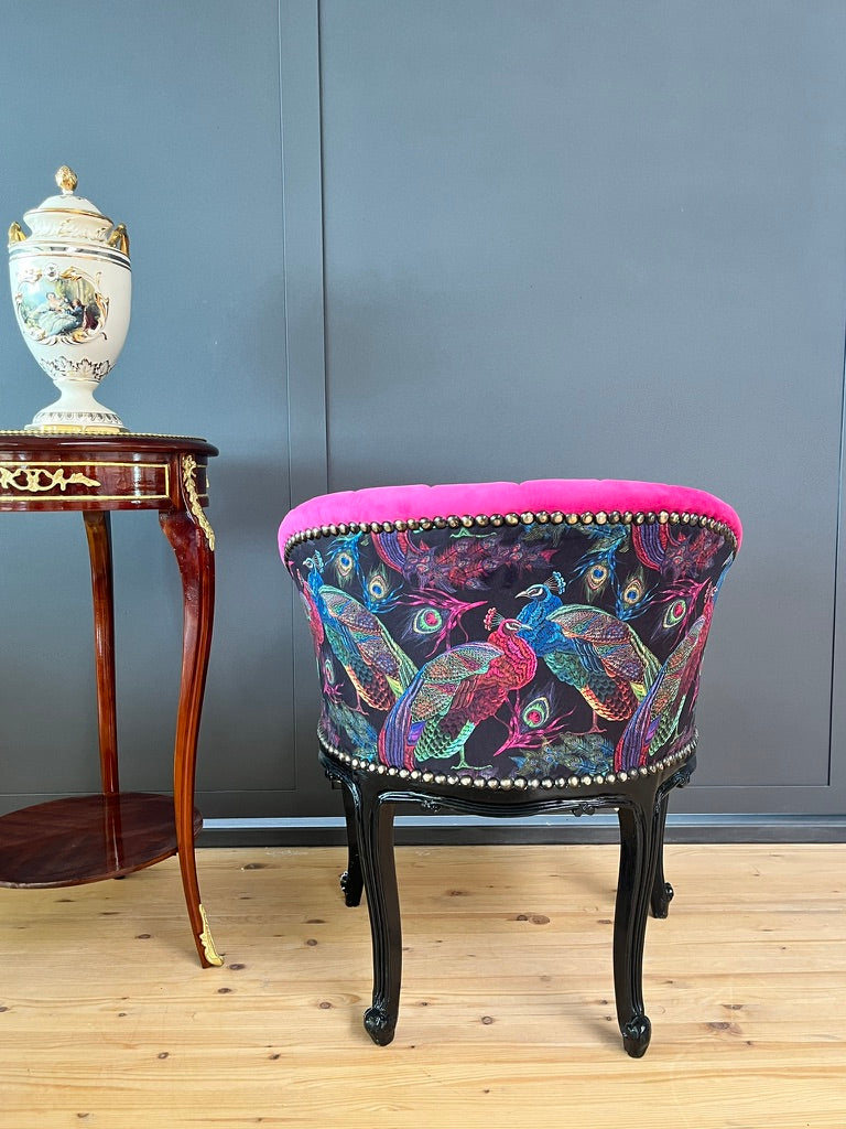 Fuchsia Velvet Cocktail Chair Jungle Print French Accent Armchair Tufted Glam Lounge Chair
